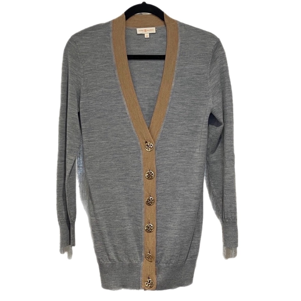 Tory Burch Gray and Tan Knit Cardigan - Size XXS